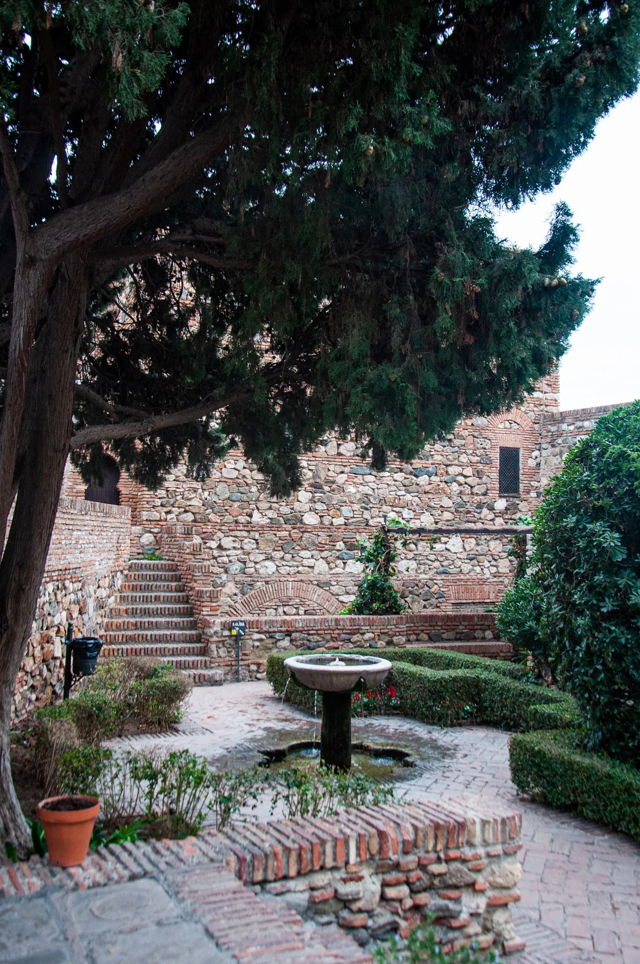 Jardín de piedra con una fuente, setos y un gran árbol de sombra